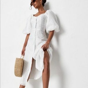 White polka dot organza puff sleeve midi dress